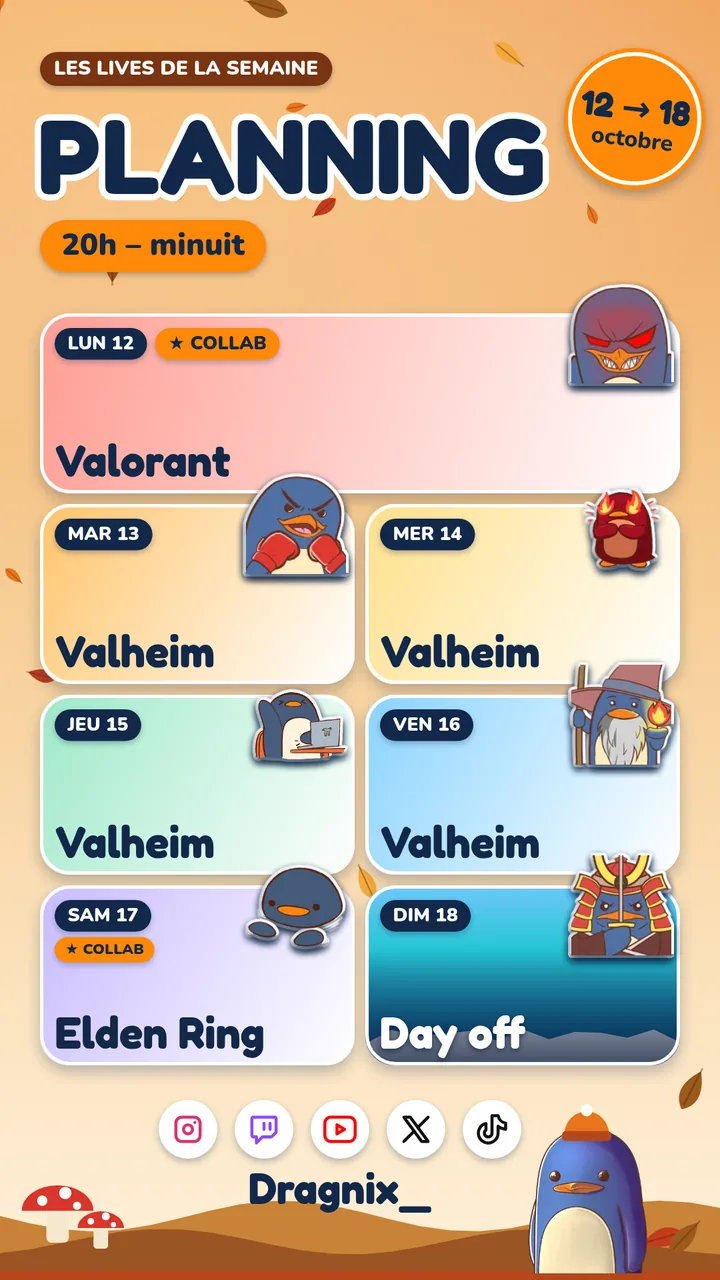 Affiche du planning au format story : une tuile par jour avec le jeu, le pingouin du jour et un décor d'automne.