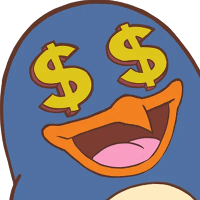 Le pingouin avec des dollars dans les yeux et un grand sourire.